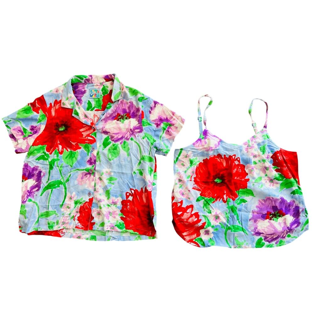 Jams World Women's Blouse Set Button-down Cami Blue Floral Hawaiian Large Medium
